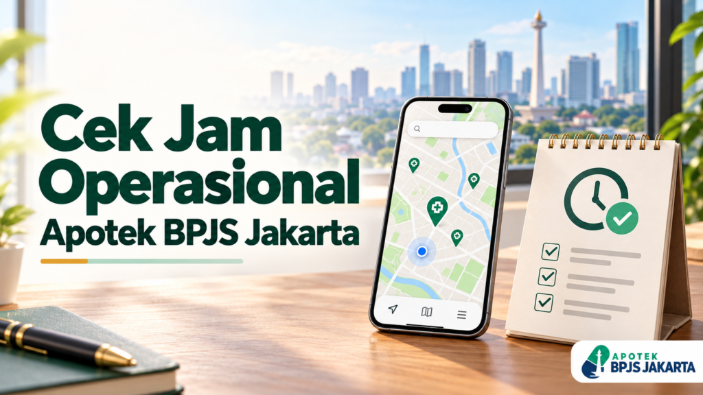 Ilustrasi cek jam operasional Apotek BPJS Makassar melalui peta dan checklist sebelum datang