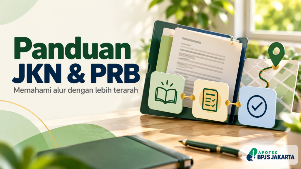 Ilustrasi panduan JKN dan PRB dengan dokumen, peta, dan langkah informasi